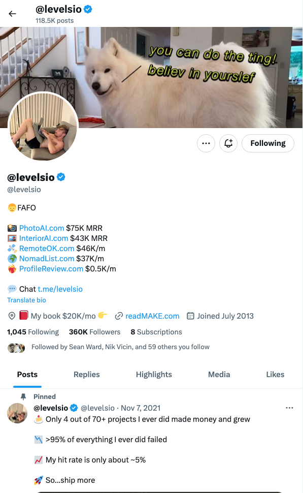 Pieter Levels profile screenshot on X/Twitter