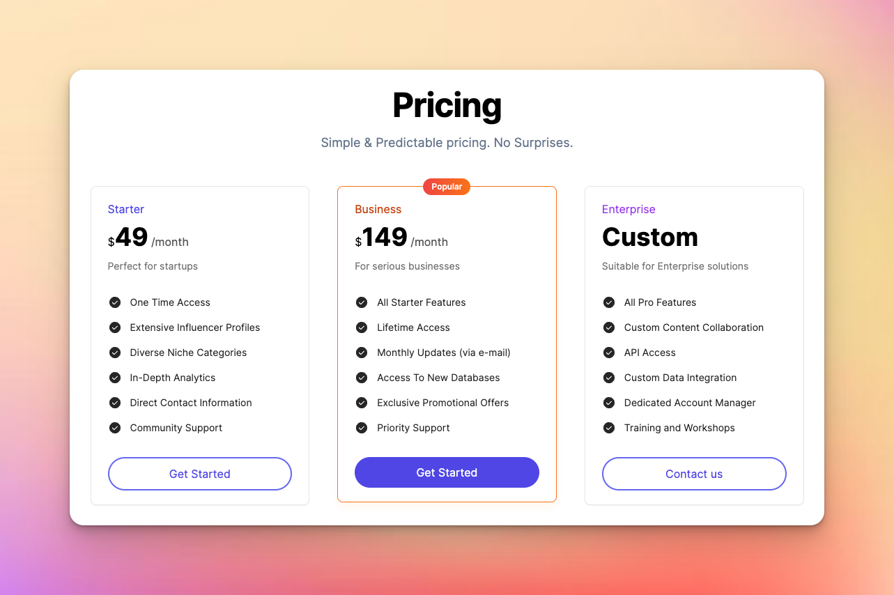 ChatInfluencers Pricing Page